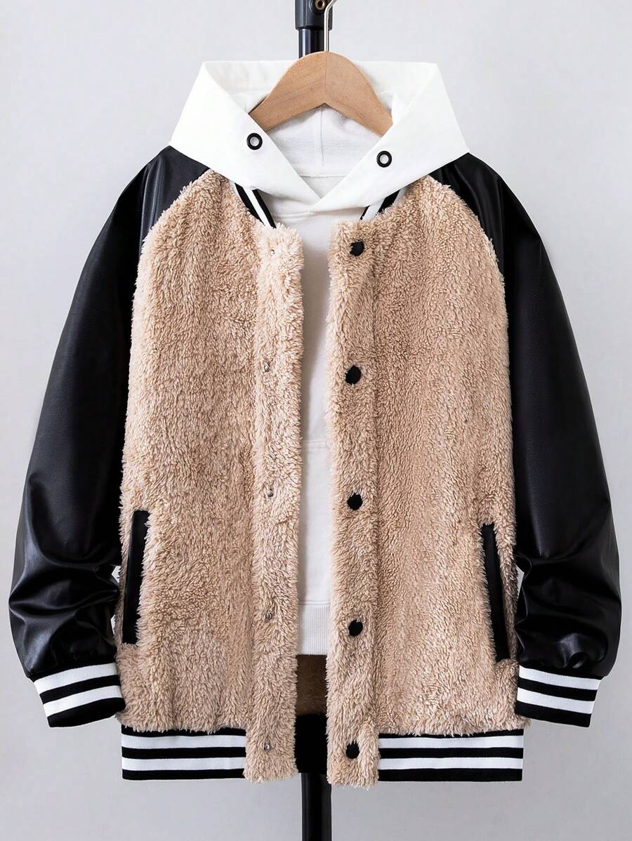 Tween Boy 1pc Contrast PU Leather Raglan Sleeve Striped Trim Teddy Jacket - Black and White - View 1
