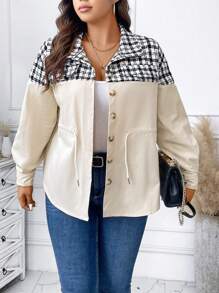 Calvaya Talla grande Cazadora con estampado de cuadros de cintura con cordón de hombros caídos - Caqui - Ver 1