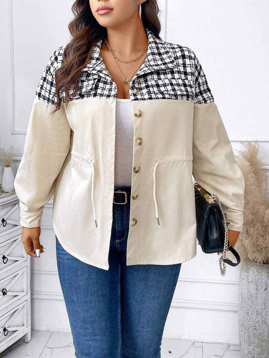 Calvaya Talla grande Cazadora con estampado de cuadros de cintura con cordón de hombros caídos - Caqui - Ver 1