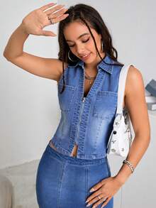 SHEIN EZwear Đã vá Túi Denim Áo ba lỗ - Màu xanh lam - Xem 4