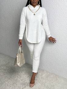 Slaydiva Áo hoodie và quần ống rộng vai rớt, xẻ tà. - trắng - Xem 4