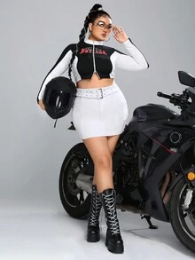 SHEIN EZwear Plus High Waist Belted Bodycon Denim Skirt - White - View 5