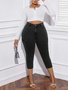 SHEIN Cộng với quần jean skinny có túi nắp lưng cao - Xám - Xem 3