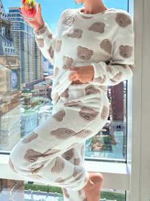 Cartoon Graphic Drop Shoulder PJ Set / Pajama Set Cozy And Elegant Details, Fall Winter Clothes - Multicolor - View 4