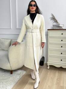 SHEIN Privé Thả vai Vá Túi Thắt lưng Áo khoác - Màu be - Xem 5