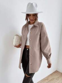 SHEIN LUNE Drop Shoulder Pocket Patched Coat,Ladies Spring/Fall Casual Button,Pocket Drop Shoulder Collar Regular Fit Coffee Brown Plain Women Coats,Casual Daily Wear - Coffee Brown - View 8