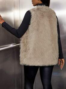 SHEIN Maternity Solid Fuzzy Open Front Vest Coat, For Winter - Camel - View 2