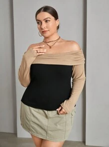 SHEIN Essnce Talla grande Camiseta de hombros descubiertos doblado delantero - Multicolor - Ver 6