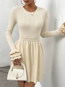 SHEIN Privé 素色蛋糕袖毛衣洋裝 - 杏色 - 查看 6