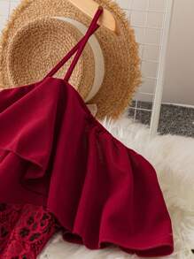 SHEIN Belle Vestido largo con escote asimétrico, volantes y bajo de sirena en tono borgoña para mujer - Burdeos - Ver 4