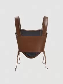 SHEIN MOD Áo khoác và áo lót dành cho xe tăng nữ Bất đối xứng Ren lên Thùa khuyết màu trơn Giải trí - Cà phê nâu - Xem 2