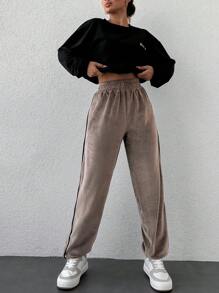 EURMUSE Elastic Waist Contrast Side Seam Pants - Brown - View 4