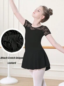 女孩芭蕾舞蹈緊身衣折疊紐扣鏤空後蕾絲袖緊身衣舞蹈裙舞蹈服