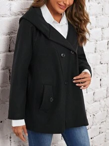 EMERY ROSE 雙排扣連帽大衣 - 黑色 - 查看 6