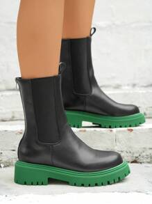 Giày bốt Chelsea đế xuồng màu tương phản thời trang nữ, giày bốt cổ ngắn đế dày có răng, chất liệu da, phong cách đường phố, phù hợp với mọi mùa - màu xanh lá - Xem 5