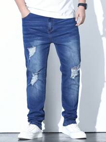 Manfinity 男士大码破洞抽鬚貓抓痕直筒牛仔褲 - 藍色 - 查看 4