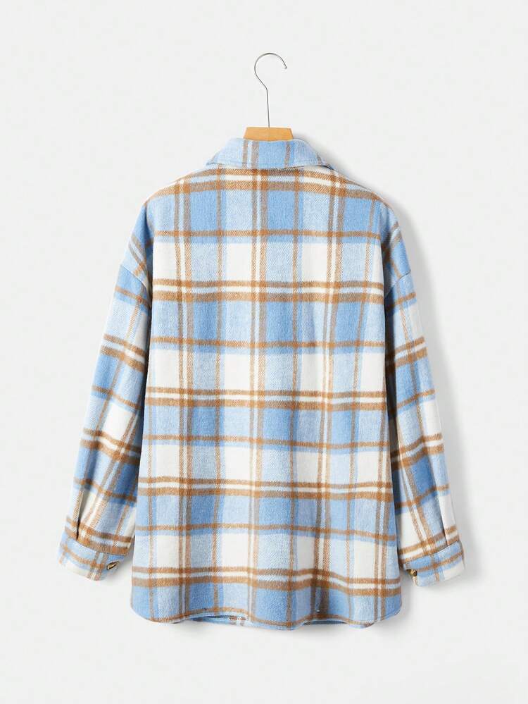 Plus Plaid Print Drop Shoulder Flap Pocket Overcoat