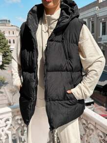 RueChic Solid Zip Up Hooded Puffer Vest Coat - Black - View 3