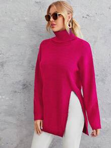 EURMUSE Áo len cổ lọ xẻ vai trễ vai - Màu Hồng Tươi - Xem 5