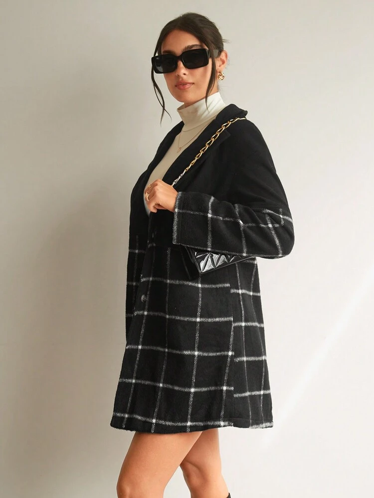 Plaid Lapel Neck Open Front Overcoat