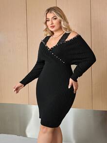 SHEIN Privé 大碼珍珠串珠挖肩蝙蝠袖蕾絲邊毛衣洋裝 - 黑色 - 查看 6