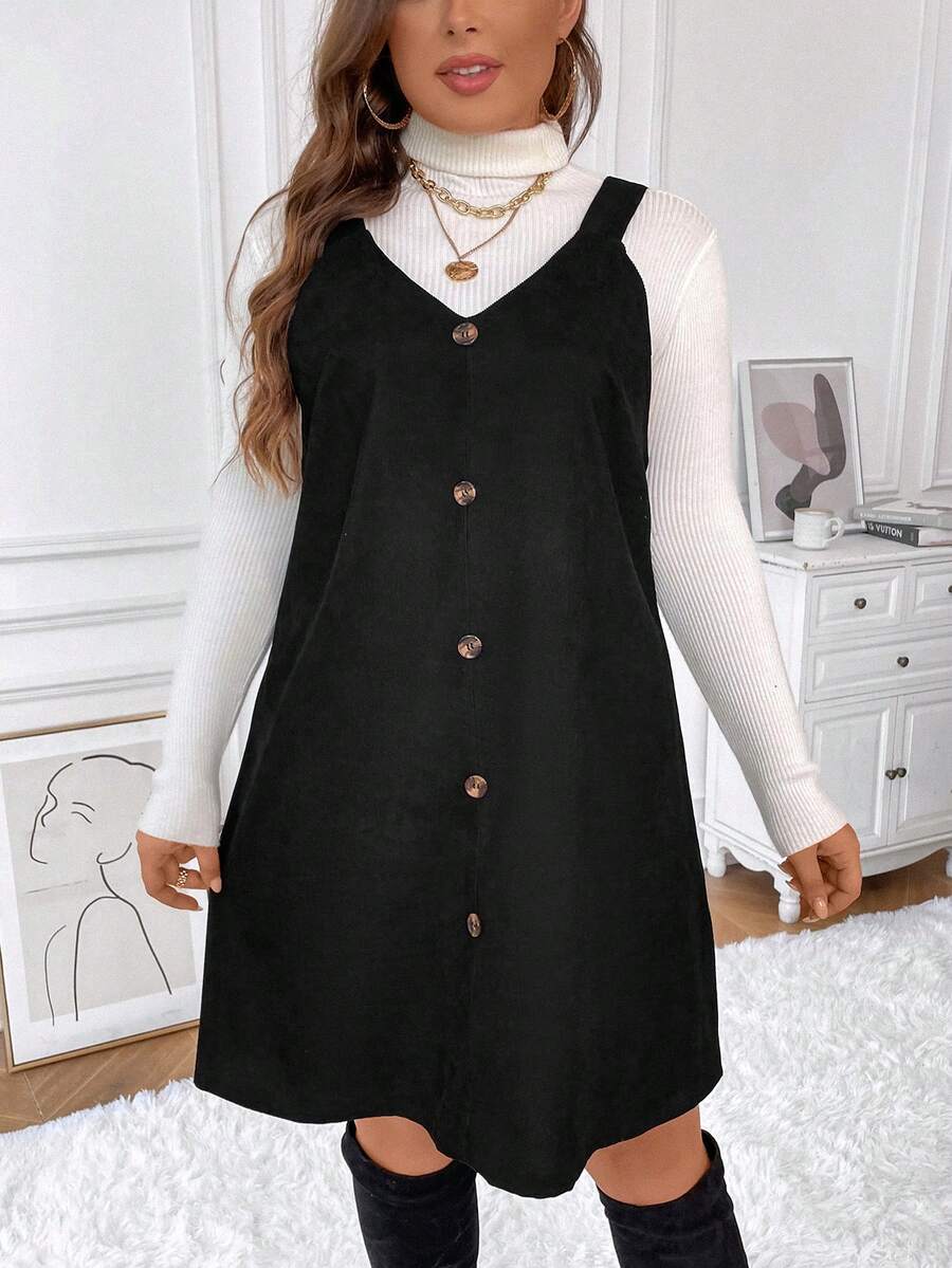 SHEIN Frenchy Plus Button Front Overall Dress Without Sweater - Black - View 1
