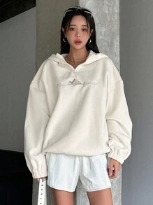 DAZY Letter Embroidery Drop Shoulder Fleece Hoodie,Fall Women Clothes Sweatshirt - White - View 3