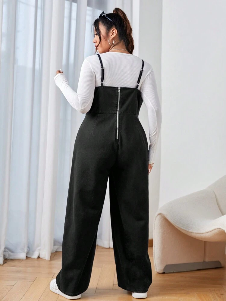 Plus Fold Pleated Detail Wide Leg Denim Overalls Without Tee