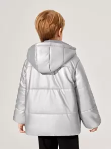 SHEIN Tween Boys' Casual Patch Hooded Warm Winter Parka Jacket, Thick Woven Solid-Color Outerwear - Silver - View 7