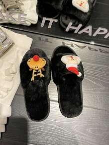 女士家居拖鞋聖誕鹿圖案柔軟絨面防滑鞋底保暖冬季平底