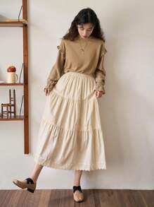 FRIFUL Lỗ gắn thêu tay áo lá sen Viền Ruffle Áo thun - Màu Khaki - Xem 7