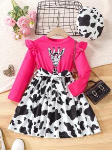 SHEIN 女小童卡通圖案荷葉邊繫腰帶洋裝和帽 - 玫紅色 - 查看 1