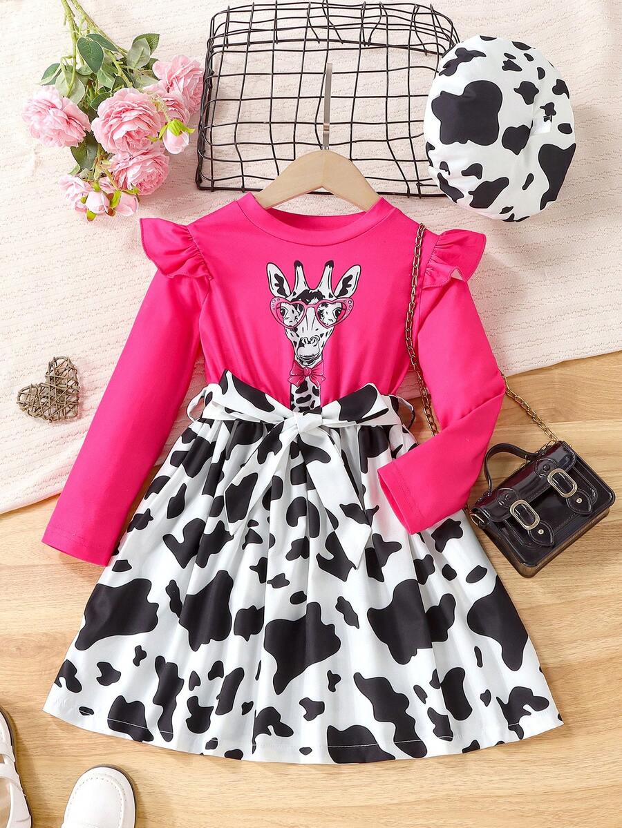 SHEIN 女小童卡通圖案荷葉邊繫腰帶洋裝和帽 - 玫紅色 - 查看 1