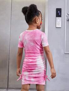 SHEIN Young Girl Tie Dye Ruched Side Dress - Watermelon Pink - View 2