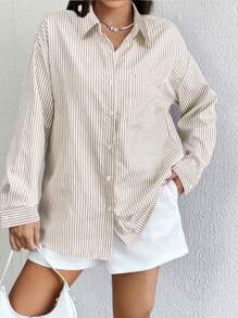 SHEIN EZwear Striped Print Drop Shoulder Shirt - Coffee Brown - View 5