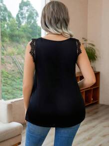 SHEIN Clasi Plus Eyelash Lace Trim Tank Top - Black - View 2