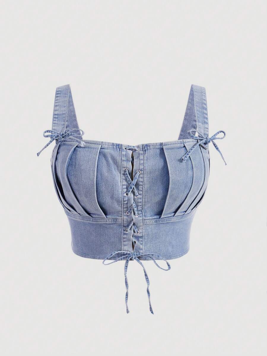 SHEIN MOD Plus Lace Up Front Fold Pleated Detail Denim Top - Light Wash - View 1