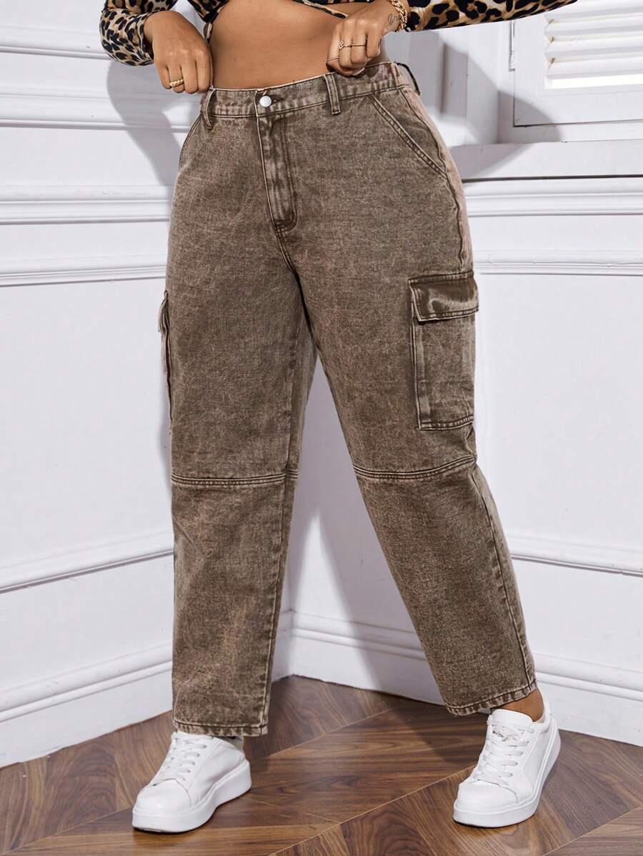 SHEIN SXY Hơn Túi nắp bên cạnh Quần jean chở hàng - Màu Khaki - Xem 1