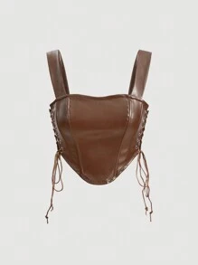 SHEIN MOD Áo khoác và áo lót dành cho xe tăng nữ Bất đối xứng Ren lên Thùa khuyết màu trơn Giải trí - Cà phê nâu - Xem 1