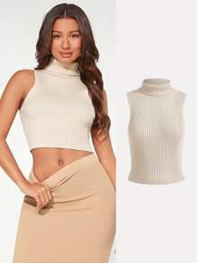 SHEIN BASICS 1入組高領條紋針織上衣 - 杏色 - 查看 1