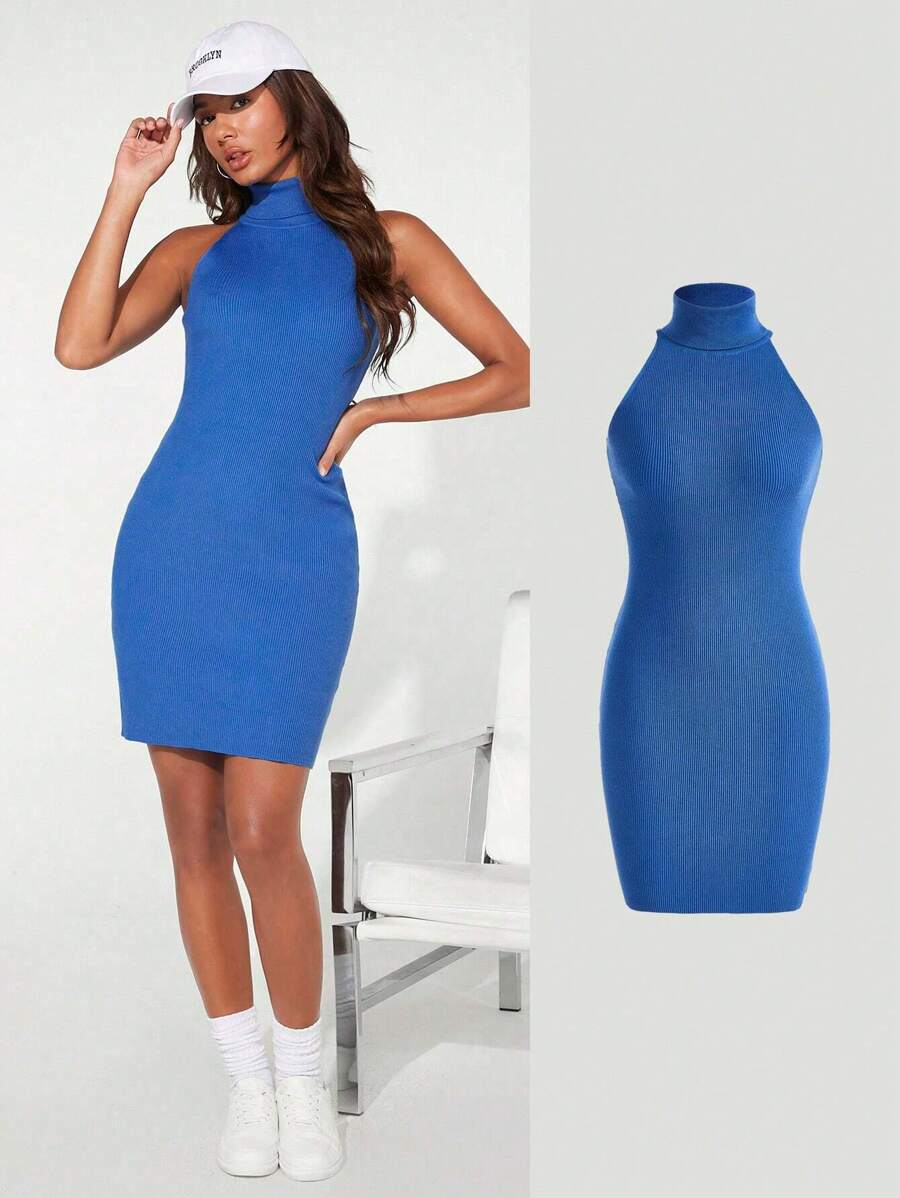 SHEIN BASICS Solid High Neck Bodycon Sweater Dress - Blue - View 1
