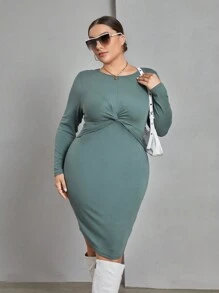 SHEIN Essnce 大碼前扭結下擺開叉緊身洋裝 - 綠色 - 查看 1