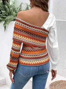 SHEIN VCAY Áo tay dài cổ bất đối xứng in hình Geo - Nhiều màu - Xem 2