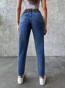 EURMUSE High Waist Mom Fit Jeans - Dark Wash - View 2