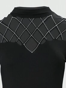 ChicMe Hollow Out Rhinestone Slim Fit Tops Elegant Fashion Casual Wear - Black - View 5
