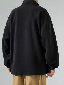 Men Letter Patched Zip Up Drop Shoulder Sweatshirt - Black - View 2