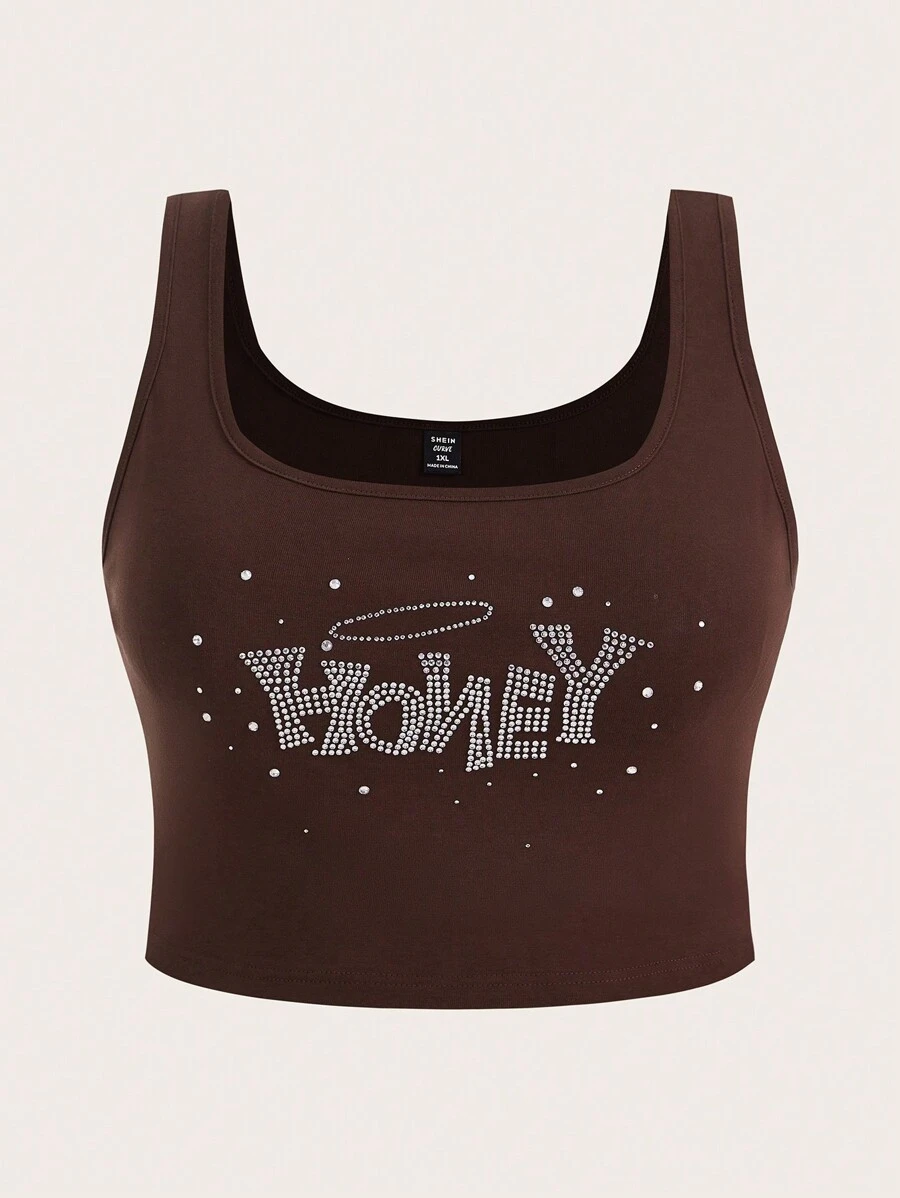 SHEIN EZwear Plus Rhinestone Letter Pattern Crop Tank Top - Coffee Brown - View 1