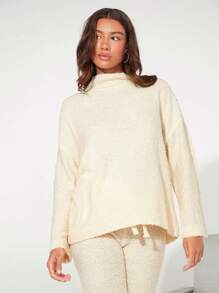 SHEIN BASICS Mock Neck Drop Shoulder Sweater - Apricot - View 4