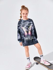 SHEIN Tween Girl Tie Dye Butterfly & Slogan Graphic Drop Shoulder Sweatshirt Dress - Black - View 5