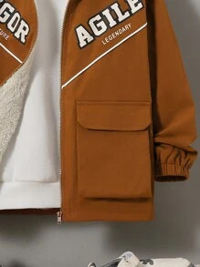 SHEIN Adolescent Garçon 1 pièce Manteau À Capuche À Lettres Poche À Rabat À Doublure Thermique